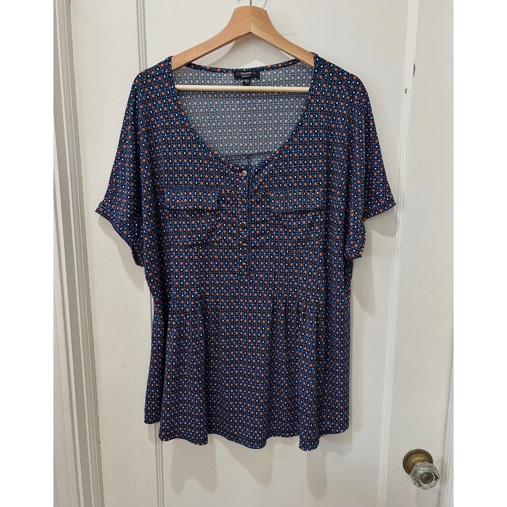 Cocomo Woman Plus Size 2X Blue Orange Geometric Diamond Print Peplum Henley Top